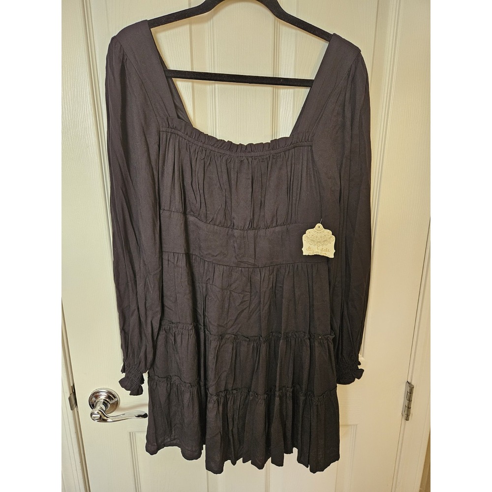 NWT Alter'd State Boho Black LS Tiered Babydoll Lined Mini Dress, Sz. LG